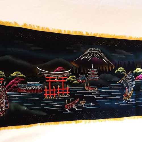 Velvet Embroidery Wall Hanging Like New, Japanese Landscape