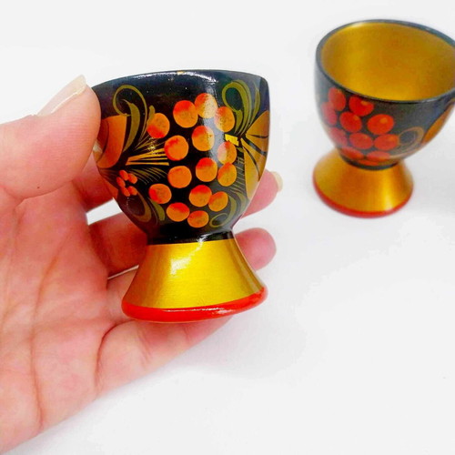 Vintage Russian Khokhloma Egg Cups Set of 4, Handpainted Wood