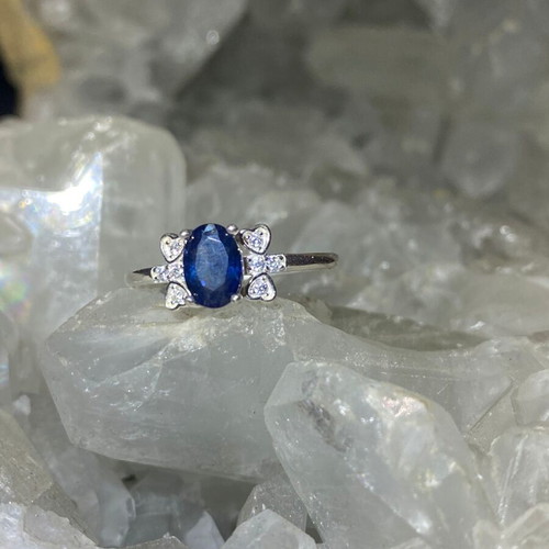 Handmade silver ring with natural blue sapphire and moissanites size 6