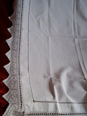 White fabric with handmade lace and azur new 1 meter