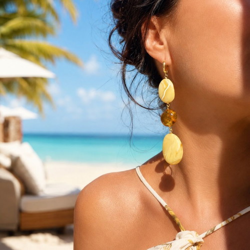 Long Amber Earrings with White Baltic Amber and 24K Gold Plated Silver