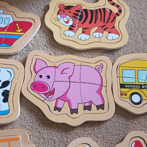Wooden puzzles used, set of 7 pieces with wear