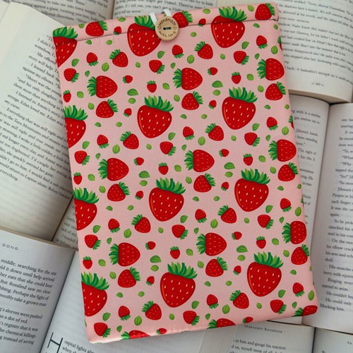 Handmade book sleeve with strawberries design and soft lining 20x27cm