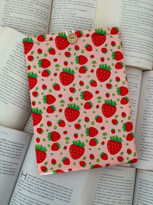 Handmade book sleeve with strawberries design and soft lining 20x27cm