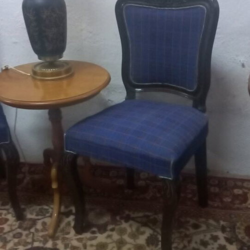 Classic wooden chairs set of 2 like new with blue plaid upholstery