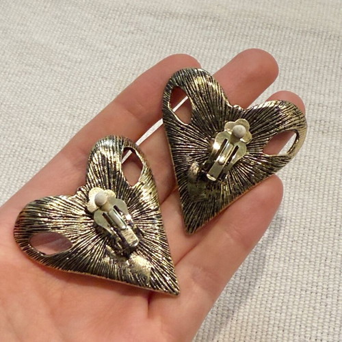 Vintage Style Bronze Large Heart Zipper Clip On Earring new