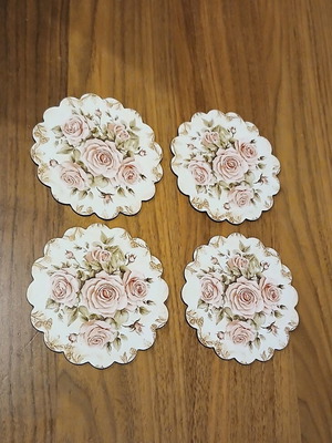 Vintage coasters with pink rose design, set of 4, wood