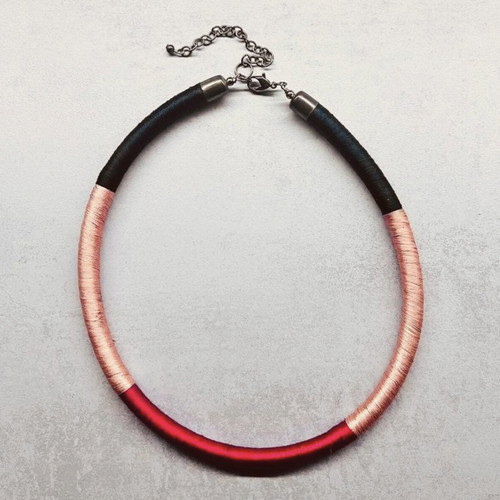 Statement necklace with satin thread in black, pink and red