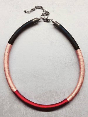 Statement necklace with satin thread in black, pink and red