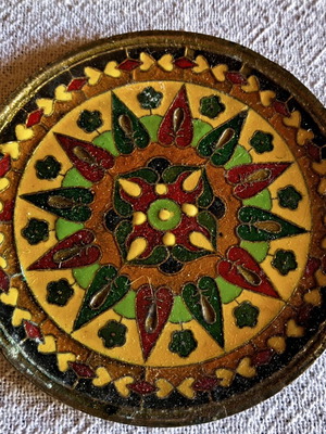Vintage handmade decorative wall plate used, enamel and brass 10cm