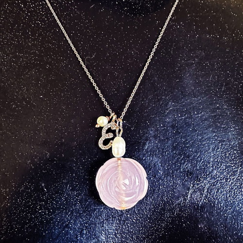 Gregio silver necklace used with rose quartz, pearls and zirconia charms