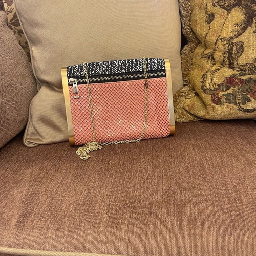 Evening bag reversible with pink metallic and black white fabric