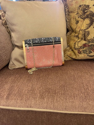 Evening bag reversible with pink metallic and black white fabric