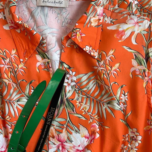 Summer orange dress with green leather belt like new