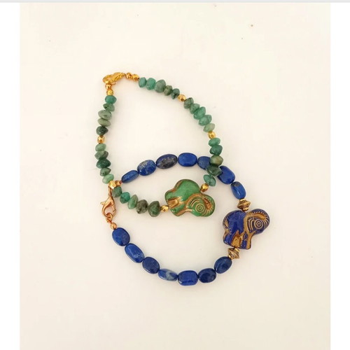 Handmade bracelet with lapis lazuli and glass elephant bead new