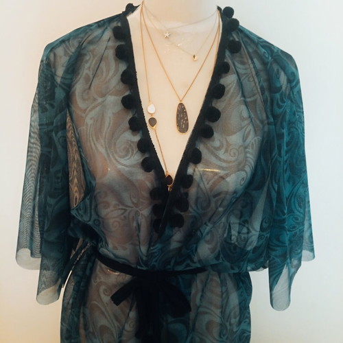 Sheer maxi kimono kaftan navy paisley pattern used, pom-pom boho chic