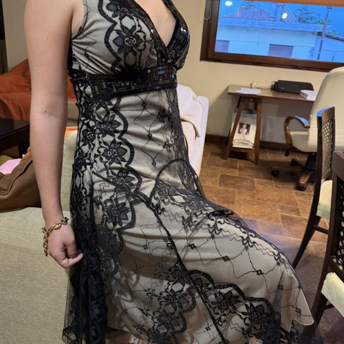 Derhy evening dress new, black and beige lace midi with v neckline