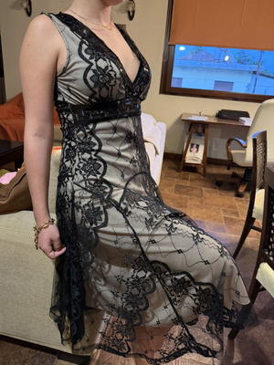 Derhy evening dress new, black and beige lace midi with v neckline