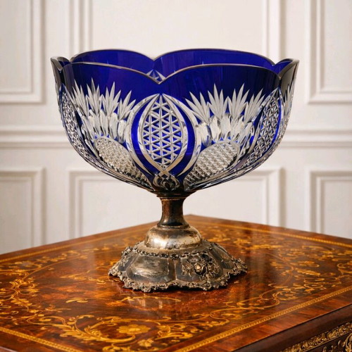 Ajka Crystal Cobalt Blue Bowl with Handmade 925 Silver Base like new, collectible
