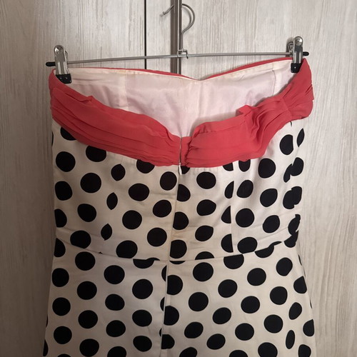 Forel Strapless Dress Used, Black and White Polka Dot with Fuchsia Detail EU 40
