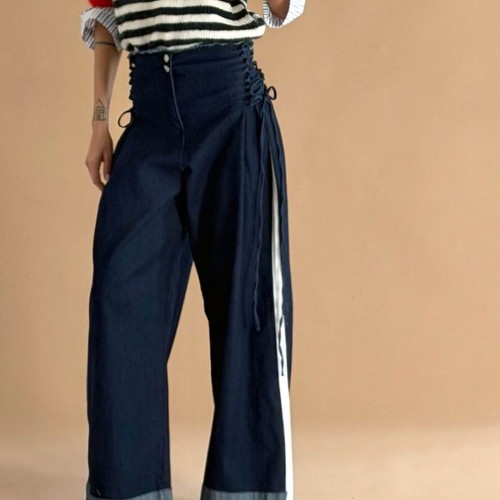 Meet to you Wide Leg Denim Jeans with Adjustable Waist, New, Blue