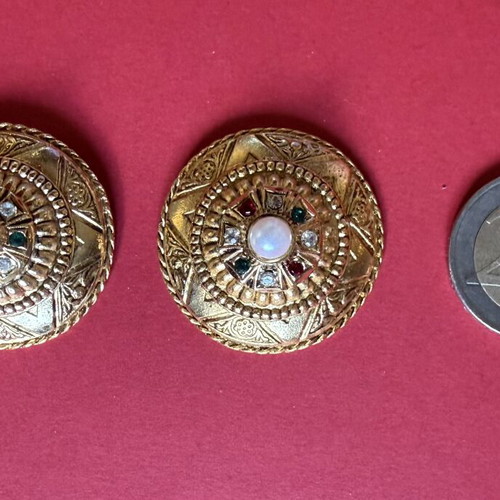 Vintage statement clip-on earrings set of 4, gold tone and crystals