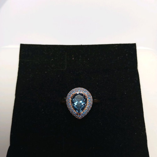 Silver 925 Ring Rose Gold Plated with London Blue Topaz Pear and 78 Blue Zircons new