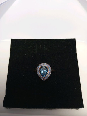 Silver 925 Ring Rose Gold Plated with London Blue Topaz Pear and 78 Blue Zircons new