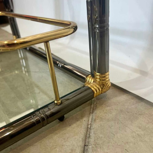 Vintage bar trolley with glass and metal frame used