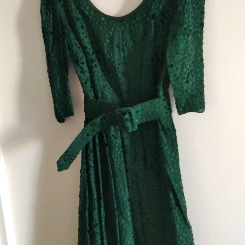 Evening dress refurbished, cypress green, vintage with tulle sleeves