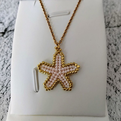 Steel starfish miyuki necklace made to order, beige and gold