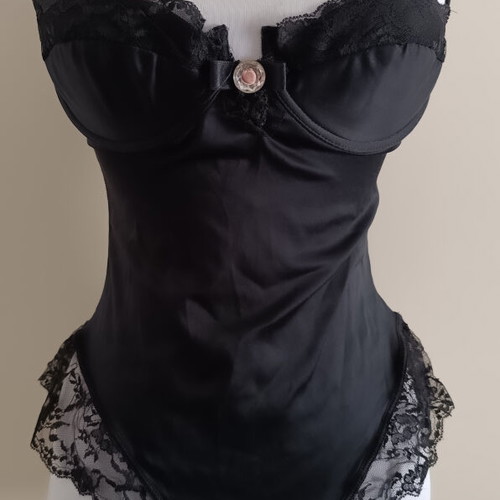 Black satin bodysuit with lace and bow, like new