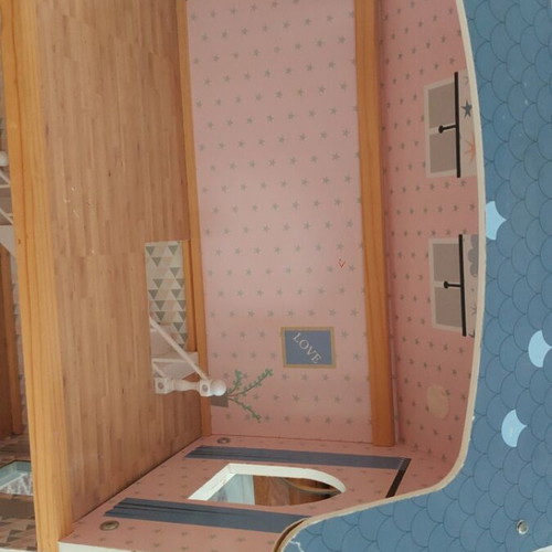 Wooden dollhouse used, 3 levels with stairs and decoration
