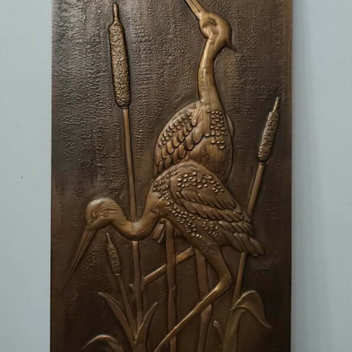 Vintage embossed copper decoration set used, herons motif