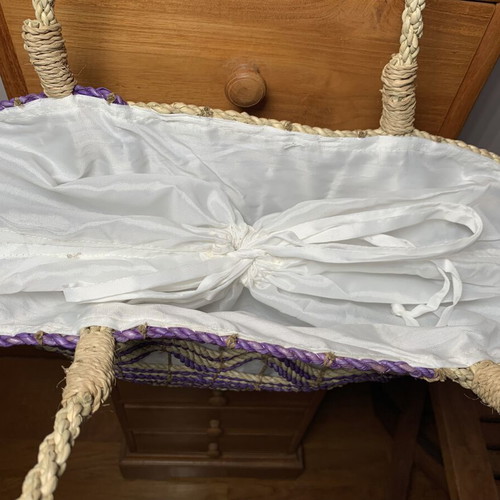 Summer bag handmade from rope and rattan, unused, natural and purple