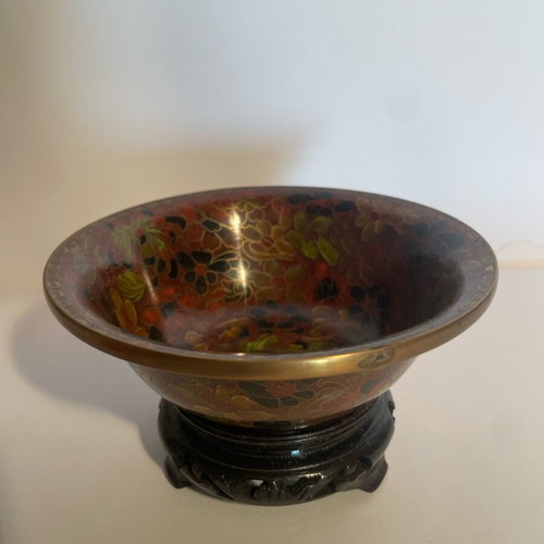 Cloisonné decorative bowl vintage with colorful flowers on wooden base like new