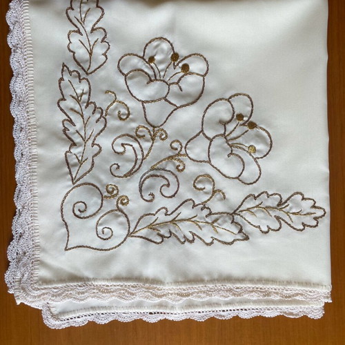 Handmade tablecloth with crochet lace used