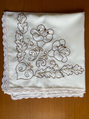 Handmade tablecloth with crochet lace used