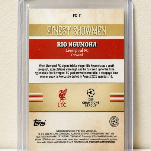 Topps UEFA Rio Ngumoha RC Liverpool FC Finest Showmen 2026 card, mint condition