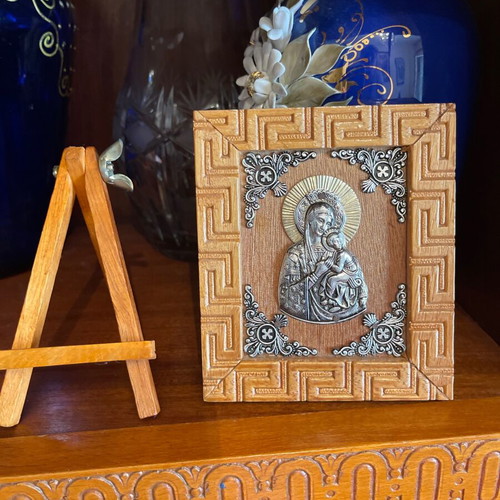 Vintage small wooden icon with silver details like new