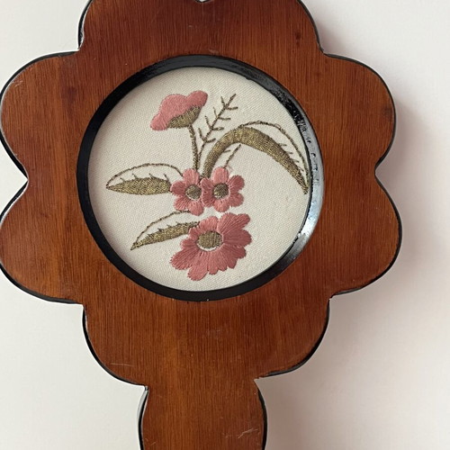 Vintage wooden wall key holder with flower and heart embroidery used