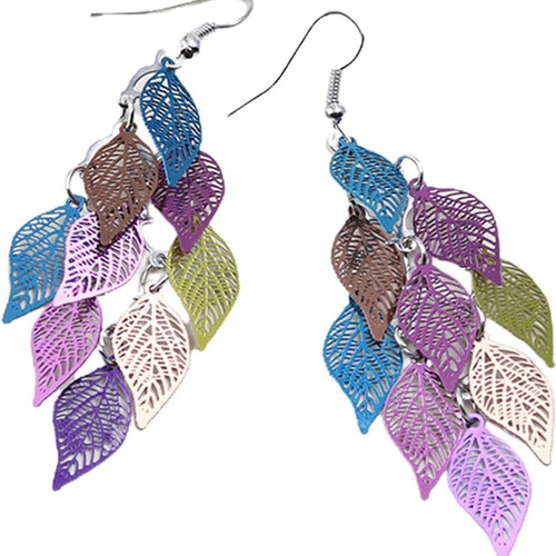 Boho Filigree Earrings with Colorful Leaves, New