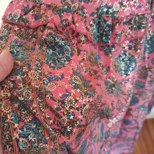 Pink coral dress with multicolor paisley and gold print, Large