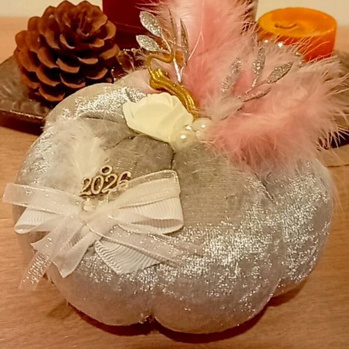 Handmade Large Velvet Pumpkin Lucky Charm 2026 in Silver Metallic Color
