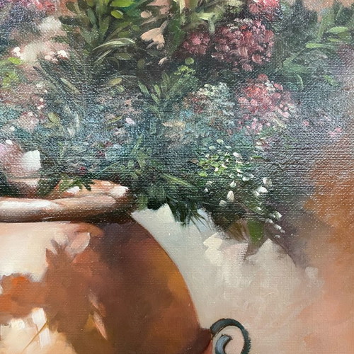 Grassia oil painting used, vase with flowers in handmade carved frame