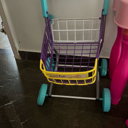 Vanity with Light and Sound Mirror and Used Supermarket Cart