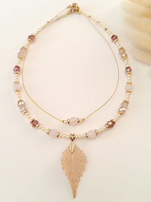 Handmade double choker new with pink quartz and brass leaf