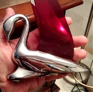 VINTAGE CAR SWAN HOOD ORNAMENT RED WINGS AND CHROME FINISH.