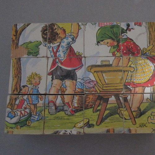 Vintage wooden cube puzzle used, 6 images by Marie Fischerova-Kvechova