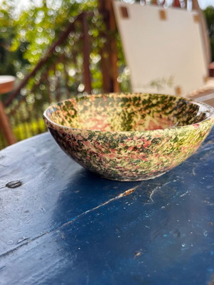 Ceramic small decorative bowl used, vintage, handmade, green with pink
